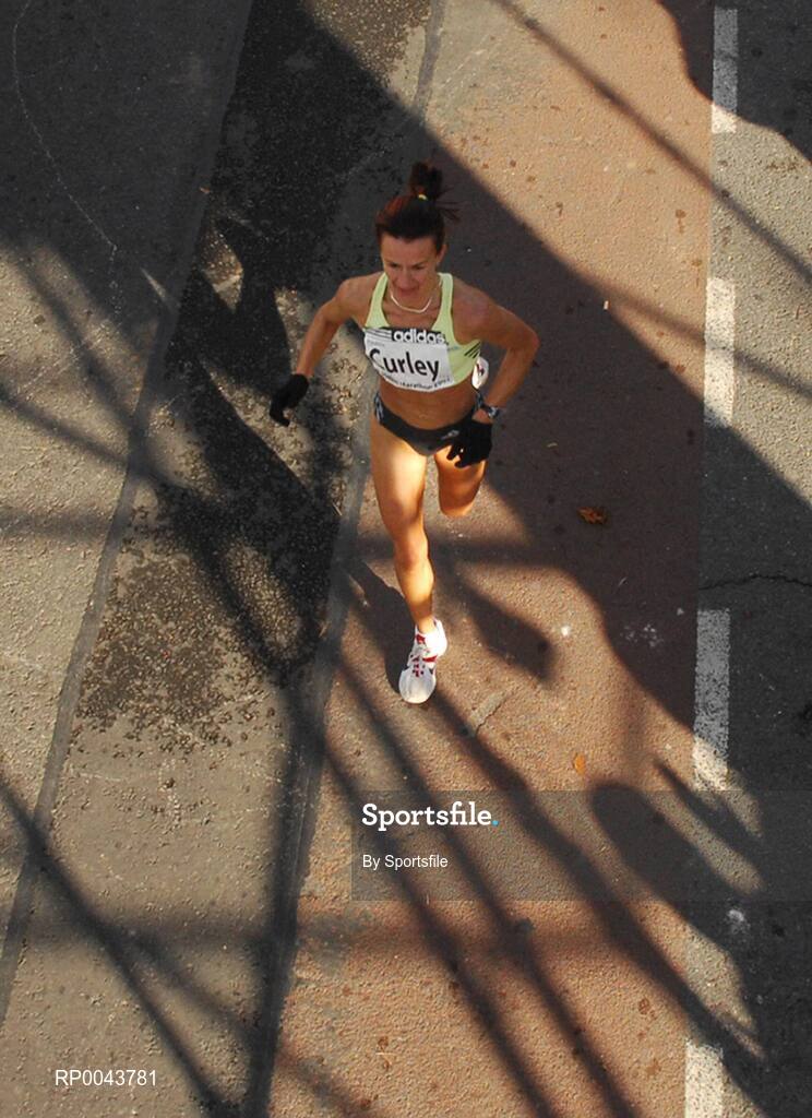 29 October 2007; 1st place women's Irish finisher Pauline Curley from Tullamore Harriers Athletic Club after crossing the line in the adidas Dublin City Marathon 2007, Merrion Square, Dublin. Photo by Sportsfile  *** Local Caption ***