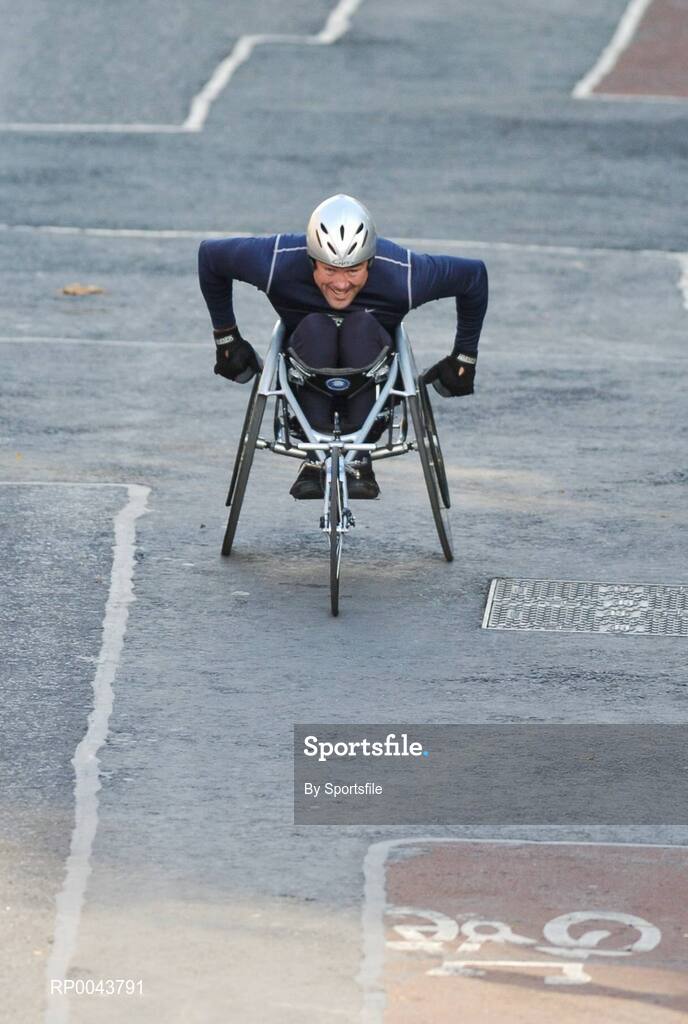 29 October 2007; The wheelchair 1st place winner Richie Powell from Great Britan on his way to cross the finish line in the adidas Dublin City Marathon 2007, Merrion Square, Dublin. Photo by Sportsfile  *** Local Caption ***