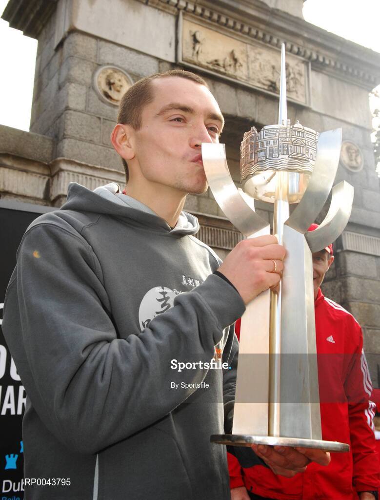 29 October 2007; Men's winner Aleksey Sokolov from Russia kisses the trophy after winning the adidas Dublin City Marathon 2007, Merrion Square, Dublin. Photo by Sportsfile  *** Local Caption ***