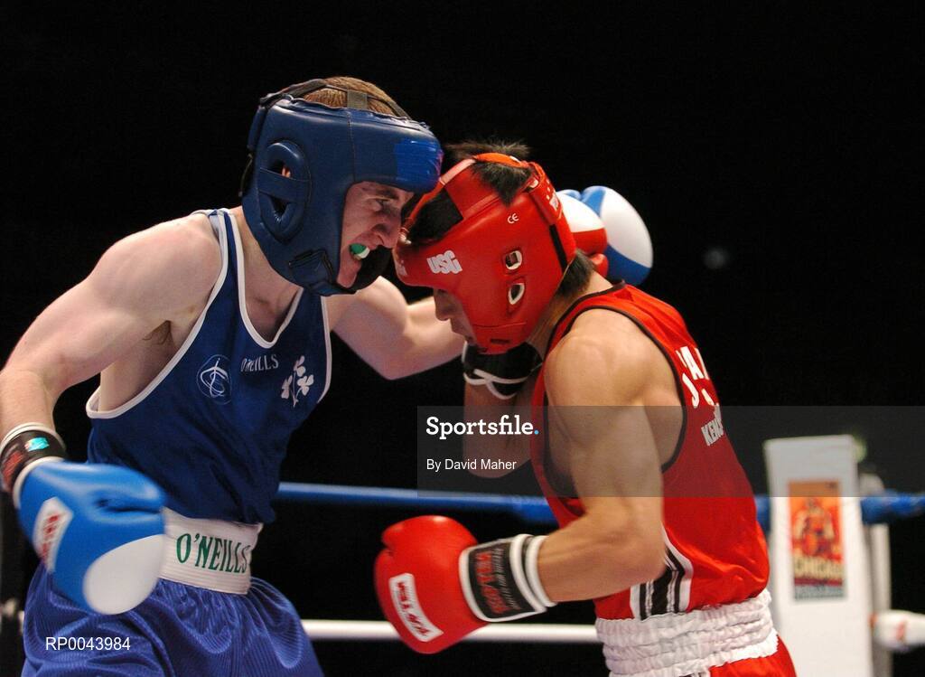31 October 2007; Paddy Barnes, left, Belfast, Northern Ireland, in action against Kenji Ohkubo, Japan. AIBA World Boxing Championships Chicago 2007, Light Fly 48 kg, Paddy Barnes.v.Kenji Ohkubo, University of Illinois, Chicago Pavilion, Chicago, USA. Picture credit: David Maher / SPORTSFILE