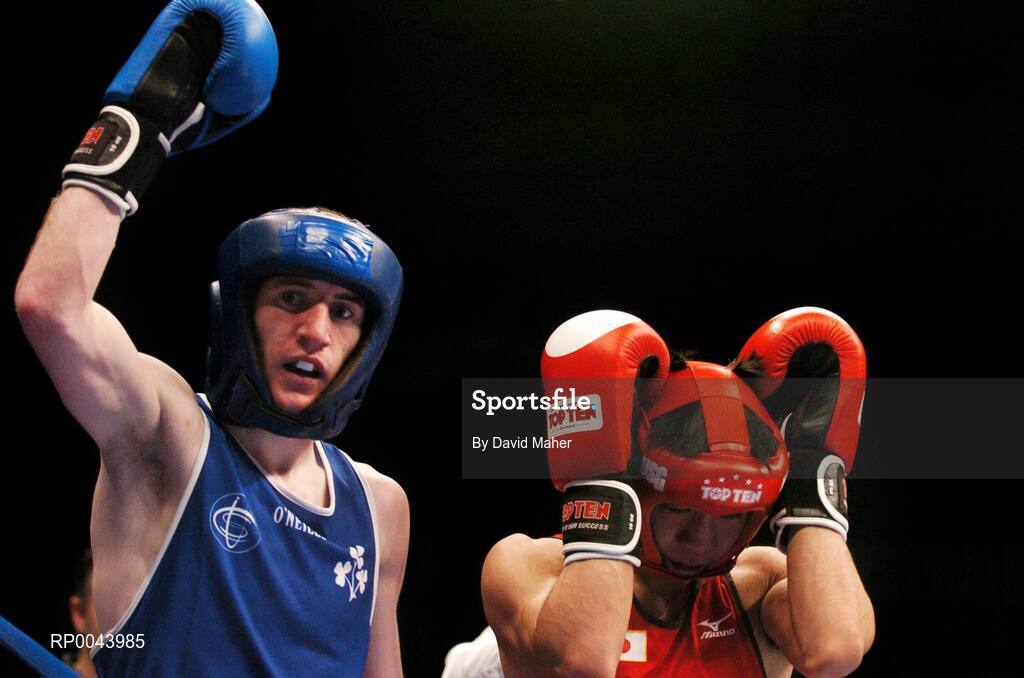 31 October 2007; Paddy Barnes, left, Belfast, Northern Ireland, celebrates at the end of the fight after victory over Kenji Ohkubo, Japan. AIBA World Boxing Championships Chicago 2007, Light Fly 48 kg, Paddy Barnes.v.Kenji Ohkubo, University of Illinois, Chicago Pavilion, Chicago, USA. Picture credit: David Maher / SPORTSFILE