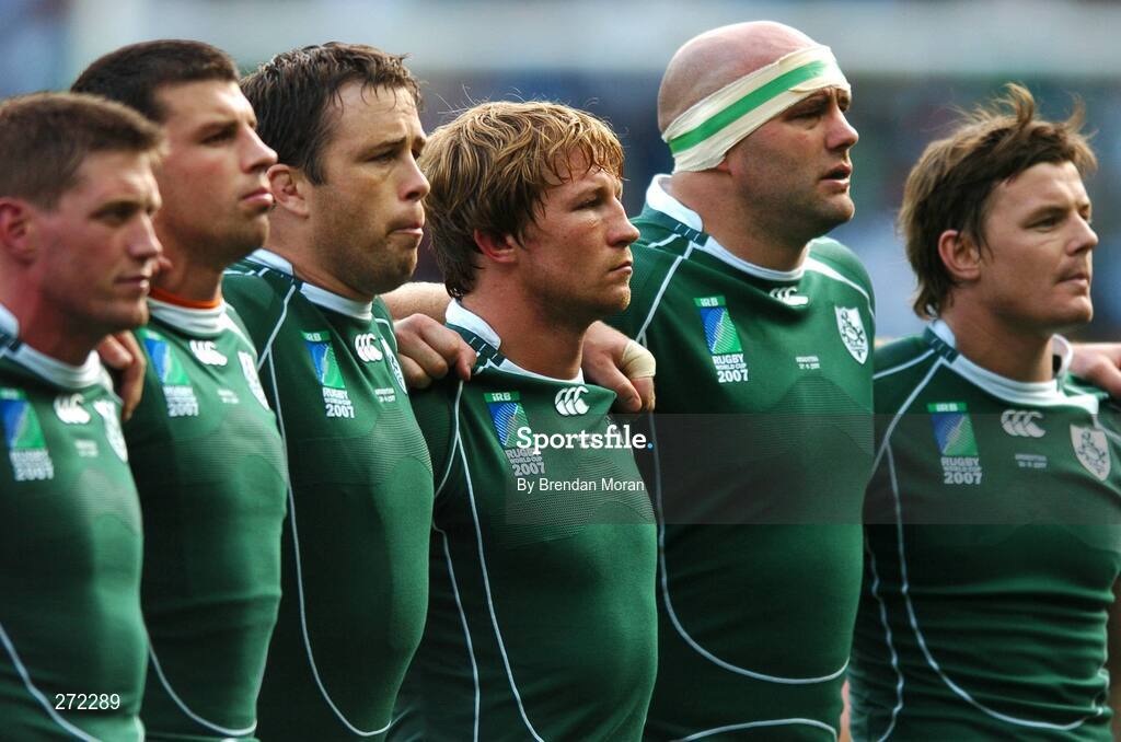 30 September 2007; Ireland players, from left, Ronan O'Gara, Denis Leamy, Marcus Horan, Jerry Flannery, John Hayes and Brian O'Driscoll before the game. 2007 Rugby World Cup, Pool D, Ireland v Argentina, Parc des Princes, Paris, France. Picture credit; Brendan Moran / SPORTSFILE