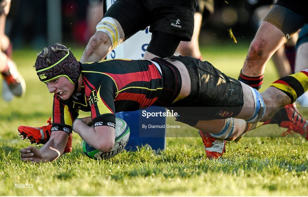 4 February 2015; John Taylor, Ardscoil Rís, scores his side's second try. SEAT Munster Schools Junior Cup, Round 1, St Munchin's College v Ardscoil Rís. St Mary's RFC, Limerick. Picture credit: Diarmuid Greene / SPORTSFILE