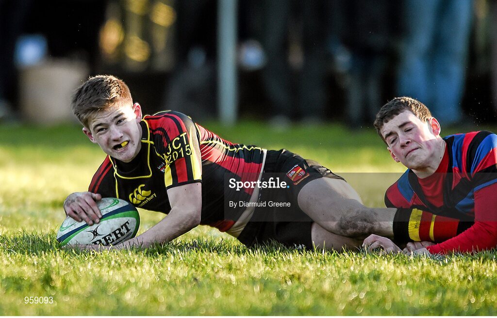 4 February 2015; Darragh O'Gorman, Ardscoil Rís, scores his side's third try despite the efforts of Conal Broderick, St Munchin's College. SEAT Munster Schools Junior Cup, Round 1, St Munchin's College v Ardscoil Rís. St Mary's RFC, Limerick. Picture credit: Diarmuid Greene / SPORTSFILE