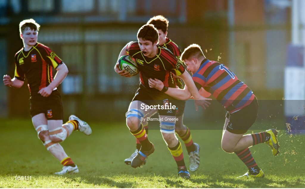 4 February 2015; Cameron Crowe, Ardscoil Rís, is tackled by Mark Crowe, St Munchin's College. SEAT Munster Schools Junior Cup, Round 1, St Munchin's College v Ardscoil Rís. St Mary's RFC, Limerick. Picture credit: Diarmuid Greene / SPORTSFILE