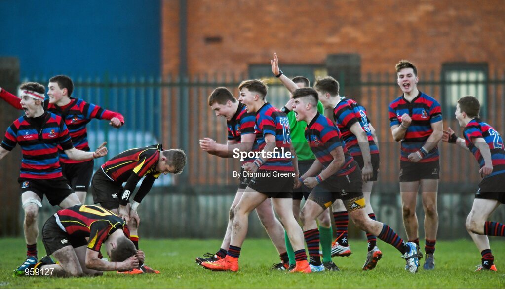 4 February 2015; St Munchin's College players celebrate victory at the final whistle as Ardscoil Rís players show their disappointment. SEAT Munster Schools Junior Cup, Round 1, St Munchin's College v Ardscoil Rís. St Mary's RFC, Limerick. Picture credit: Diarmuid Greene / SPORTSFILE