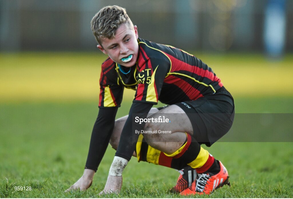 4 February 2015; Ardscoil Rís captain Craig Casey reacts after defeat to St Munchin's College. SEAT Munster Schools Junior Cup, Round 1, St Munchin's College v Ardscoil Rís. St Mary's RFC, Limerick. Picture credit: Diarmuid Greene / SPORTSFILE