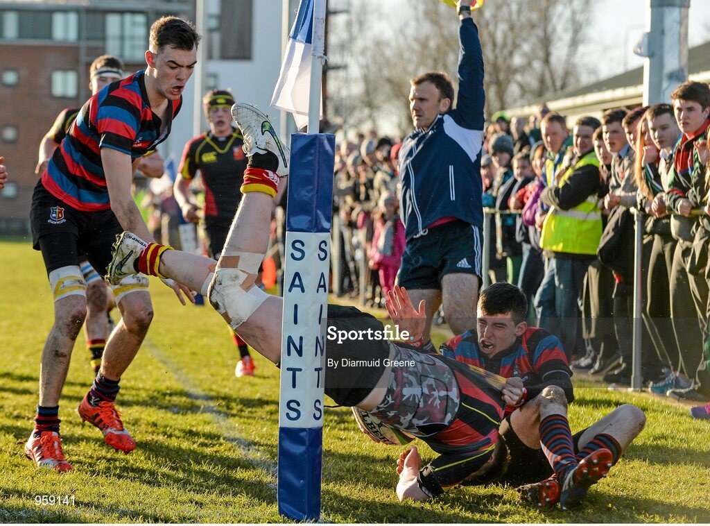 4 February 2015; Glen Clancy, Ardscoil Rís, is tackled by Shane Murphy, right, and Shane Kelly, St Munchin's College. SEAT Munster Schools Junior Cup, Round 1, St Munchin's College v Ardscoil Rís. St Mary's RFC, Limerick. Picture credit: Diarmuid Greene / SPORTSFILE