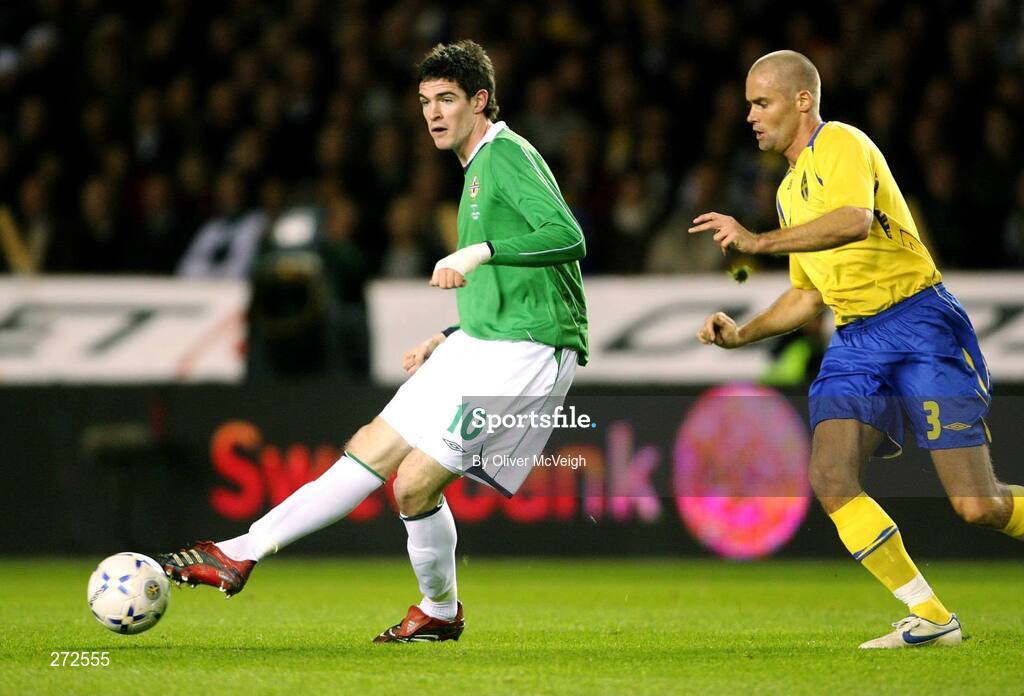 17 October 2007; Kyle Lafferty, Northern Ireland, in action against Olef Melberg, Sweden. 2008 European Championship Qualifier, Sweden v Northern Ireland, Rasunda Stadium, Solna, Stockholm, Sweden. Picture credit; Oliver McVeigh / SPORTSFILE