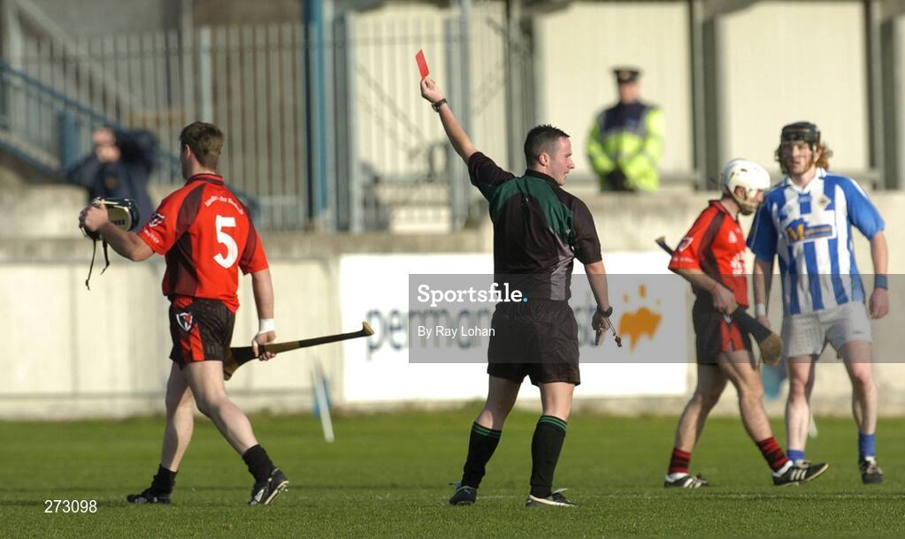 11 Novenber 2007; Referee Seamus McGrath shows the red card to Darren Stamp, Oulart-the-Ballagh, Wexford. AIB Leinster Club Senior Hurling Championship Quarter-Final, Ballyboden St Enda's, Dublin v Oulart-the-Ballagh, Wexford, Parnell Park, Dublin. Picture credit: Ray Lohan / SPORTSFILE