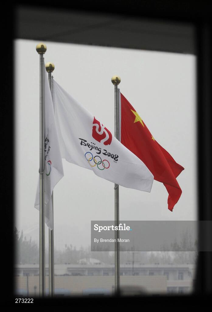 12 November 2007; The Chinese and Olympic flags fly outside the offices of BOCOG, the Beijing Organising Committee of the Olympic Games, during preparation in Beijing ahead of the 2008 Summer Olympic Games. The 2008 Summer Olympics, officially known as the Games of the XXIX Olympiad, will be take place from the 8th August 2008 to 24th August 2008, at the Beijing National Stadium in Beijing, China. Beijing, China. Picture credit: Brendan Moran / SPORTSFILE *** Local Caption ***