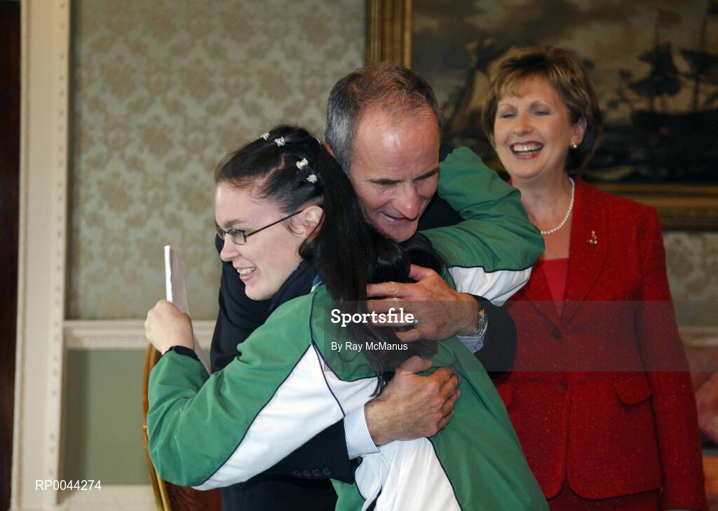 8 November 2007; Dorothy Heffernan, from Ferrybank, Co. Waterford, a TEAM Ireland member, hugs Dr. Martin McAleese during a reception in Aras an Uachtarain hosted by President Mary McAleese and Dr. Martin McAleese, to celebrate their triumphs at the 2007 Special Olympics World Summer Games, held recently in Shanghai, China. Aras an Uachtarain, Phoenix Park, Dublin. Picture credit: Ray McManus / SPORTSFILE