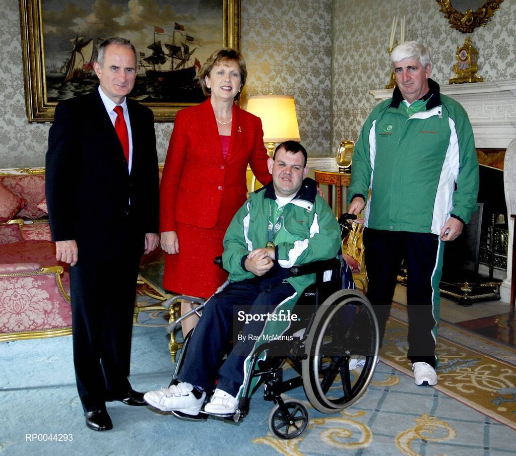 8 November 2007; Timmy Dorgan, from Mallow. Co. Cork, a TEAM Ireland member, with coach Donie Carroll, from Buttevant, Co. Cork, at a reception in Aras an Uachtarain hosted by President Mary McAleese and Dr. Martin McAleese, to celebrate their triumphs at the 2007 Special Olympics World Summer Games, held recently in Shanghai, China. Aras an Uachtarain, Phoenix Park, Dublin. Picture credit: Ray McManus / SPORTSFILE