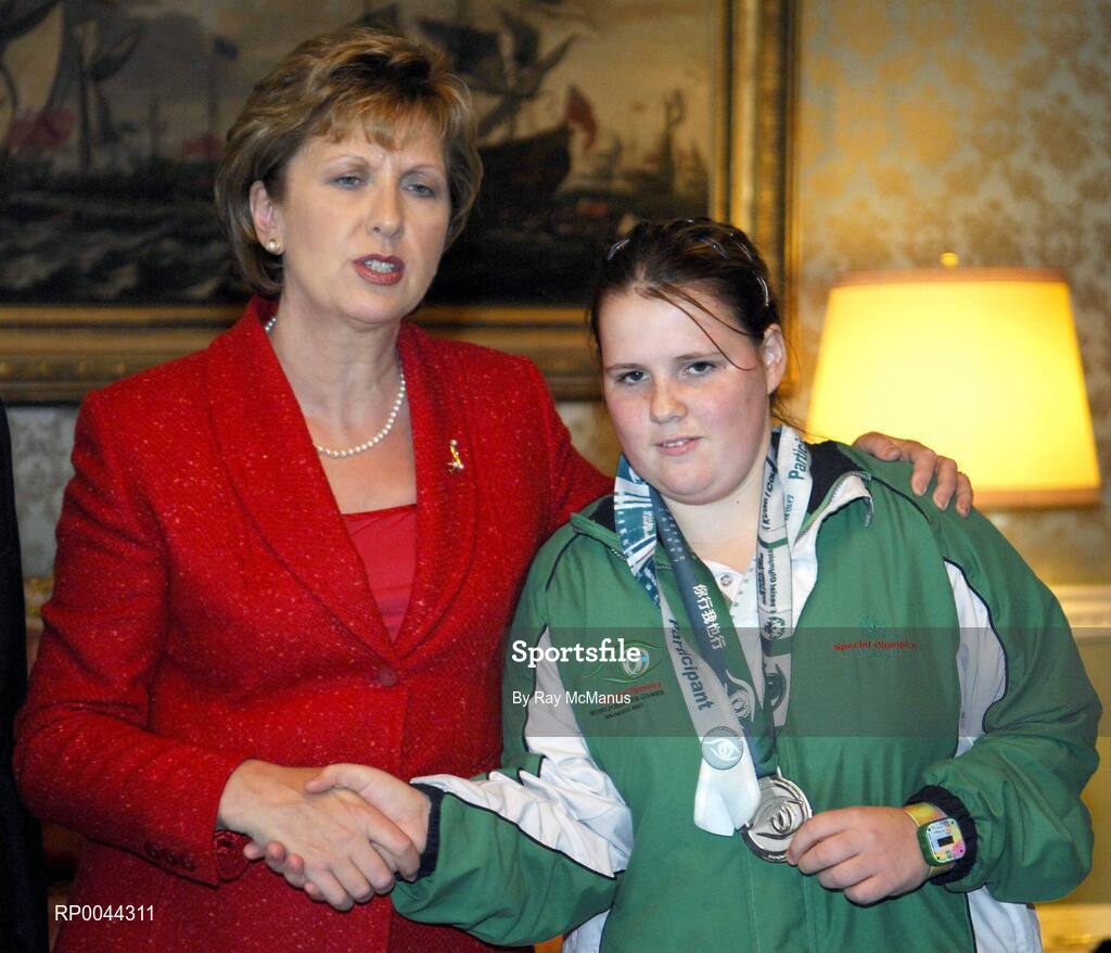 8 November 2007; Marion Gallagher, from Cloghan, Co. Donegal, and TEAM Ireland, who attended a reception in Aras an Uachtarain hosted by President Mary McAleese and Dr. Martin McAleese, to celebrate their triumphs at the 2007 Special Olympics World Summer Games, held recently in Shanghai, China. Aras an Uachtarain, Phoenix Park, Dublin. Picture credit: Ray McManus / SPORTSFILE
