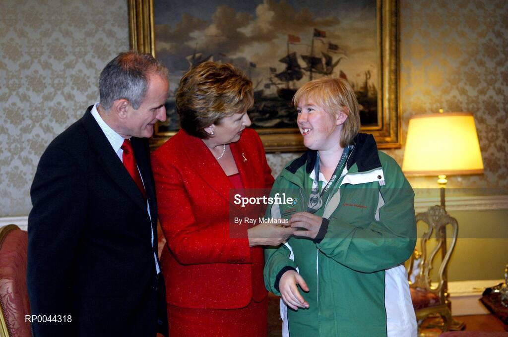 8 November 2007; Christine Kelly, from Ballinasloe, Co. Galway, a TEAM Ireland member, who attended a reception in Aras an Uachtarain hosted by President Mary McAleese and Dr. Martin McAleese, to celebrate their triumphs at the 2007 Special Olympics World Summer Games, held recently in Shanghai, China. Aras an Uachtarain, Phoenix Park, Dublin. Picture credit: Ray McManus / SPORTSFILE  *** Local Caption *** kristine kelly