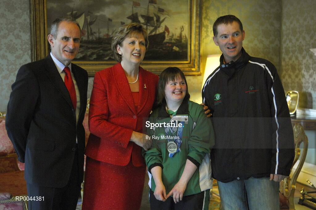 8 November 2007; Deirdre Garvey, a TEAM Ireland member, and coach Padraig Staunton, both from Claremorris, Co. Mayo, who attended a reception in Aras an Uachtarain hosted by President Mary McAleese and Dr. Martin McAleese, to celebrate their triumphs at the 2007 Special Olympics World Summer Games, held recently in Shanghai, China. Aras an Uachtarain, Phoenix Park, Dublin. Picture credit: Ray McManus / SPORTSFILE