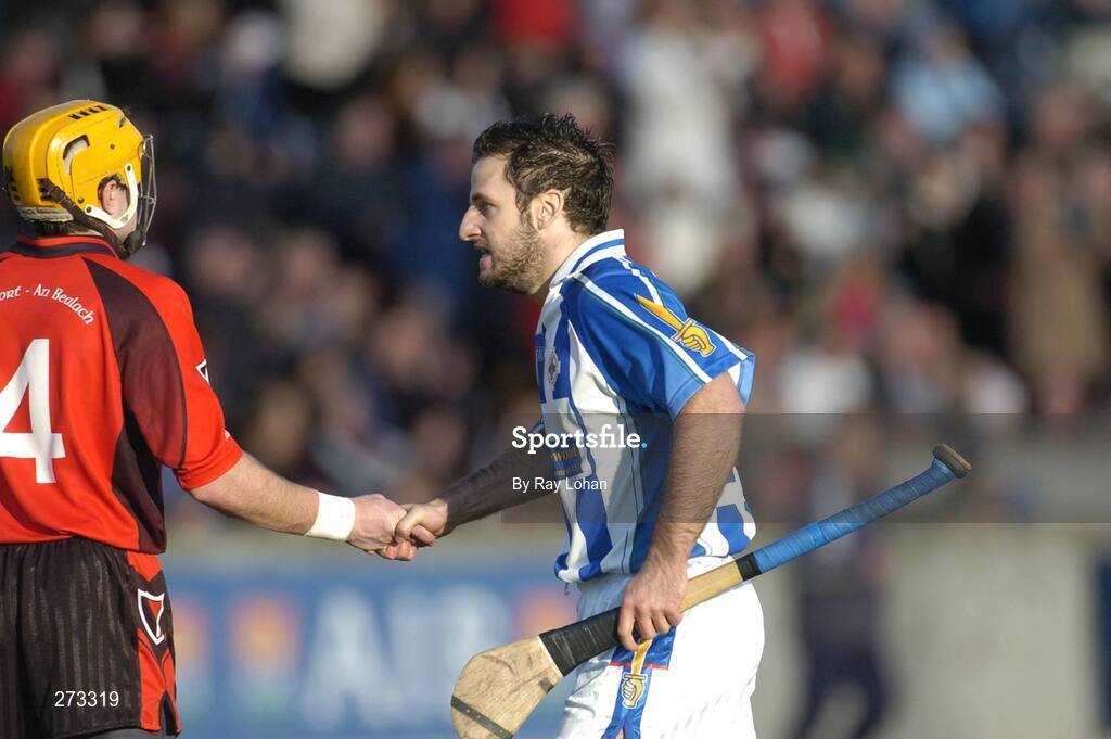 11 Novenber 2007; Emmet Carroll, Ballyboden St. Enda's, shakes hands with David Redmond, Oulart-the-Ballagh Wexford, after the final whistle. AIB Leinster Club Senior Hurling Championship Quarter-Final, Ballyboden St Enda's, Dublin v Oulart-the-Ballagh, Wexford, Parnell Park, Dublin. Picture credit: Ray Lohan / SPORTSFILE