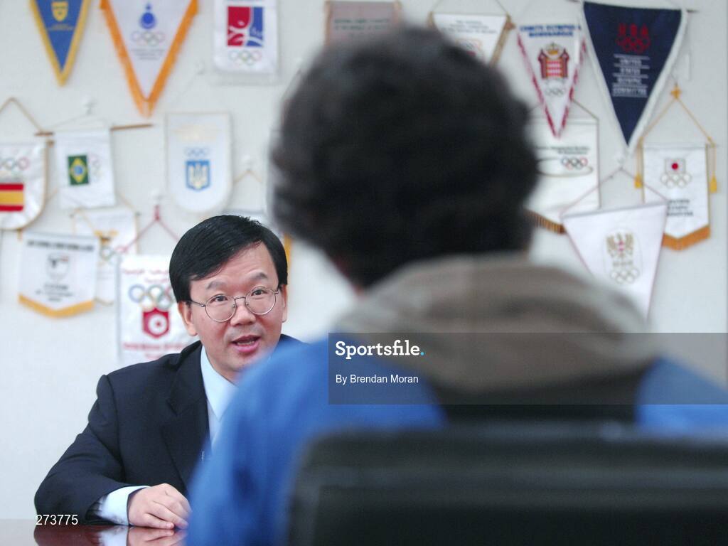 12 November 2007; Mr. Sun Weide, Deputy Director, Media and Communications Department, Beijing Organising Committee for the Games of the XXIX Olympiad speaking to Irish Times journalist Ian O'Riordan during preparations in Beijing ahead of the 2008 Summer Olympic Games. The 2008 Summer Olympics, officially known as the Games of the XXIX Olympiad, will be take place from the 8th August 2008 to 24th August 2008, at the Beijing National Stadium in Beijing, China. Beijing, China. Picture credit: Brendan Moran / SPORTSFILE *** Local Caption ***