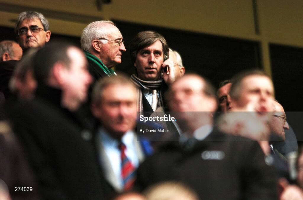 17 November 2007; FAI chief executive John Delaney, right, speaking on his mobile phone alongside FAI president David Blood before the start of the game. 2008 European Championship Qualifier, Wales v Republic of Ireland, Millennium Stadium, Cardiff, Wales. Picture credit; David Maher / SPORTSFILE