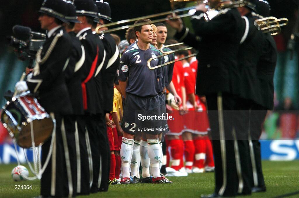 17 November 2007; Republic of Ireland's Steve Finnan stands alongside his team-mates during the playing of the National Anthem. 2008 European Championship Qualifier, Wales v Republic of Ireland, Millennium Stadium, Cardiff, Wales. Picture credit; David Maher / SPORTSFILE