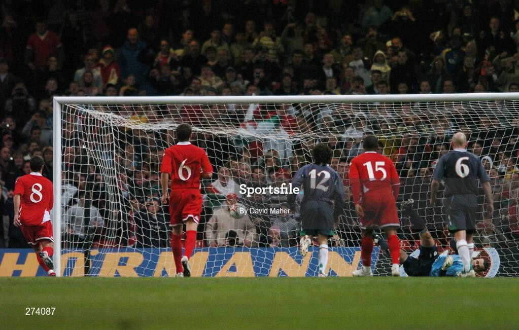 17 November 2007; Jason Koumas, no. 8, Wales, beats Republic of Ireland goalkeeper Shay Given from a penalty to score his side's second and equalising goal. 2008 European Championship Qualifier, Wales v Republic of Ireland, Millennium Stadium, Cardiff, Wales. Picture credit; David Maher / SPORTSFILE