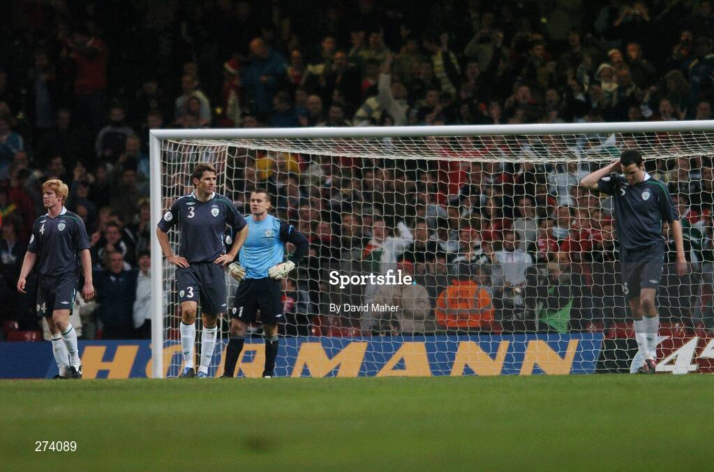 17 November 2007; Dejected Republic of Ireland players, left to right, Paul McShane, Kevin Kilbane, Shay Given and John O'Shea, look on after Jason Koumas, Wales, scored his side's second and equalising goal. 2008 European Championship Qualifier, Wales v Republic of Ireland, Millennium Stadium, Cardiff, Wales. Picture credit; David Maher / SPORTSFILE