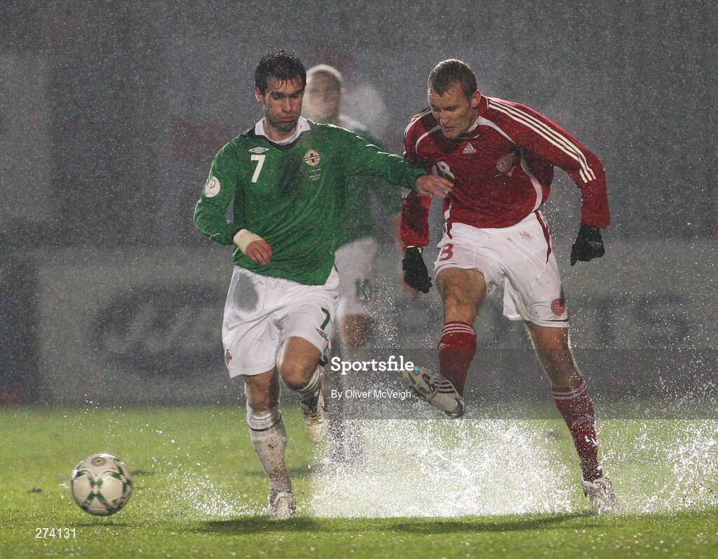 17 November 2007; Thomas Kahlenberg, Denmark, in action against Keith Gillespie, Northern Ireland. 2008 European Championship Qualifier, Northern Ireland v Denmark, Windsor Park, Belfast, Co. Antrim. Picture credit; Oliver McVeigh / SPORTSFILE