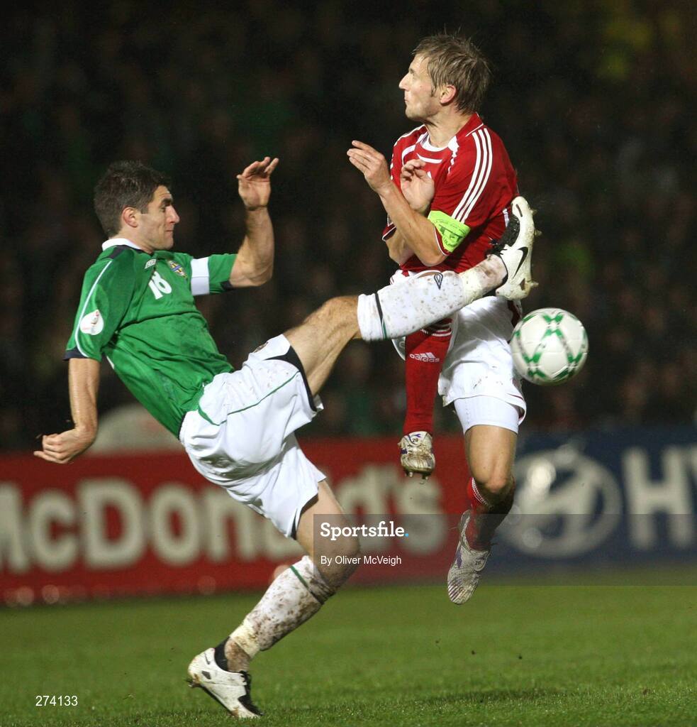 17 November 2007; Aaron Hughes, Northern Ireland, in action against Martin Jorgensen, Denmark. 2008 European Championship Qualifier, Northern Ireland v Denmark, Windsor Park, Belfast, Co. Antrim. Picture credit; Oliver McVeigh / SPORTSFILE
