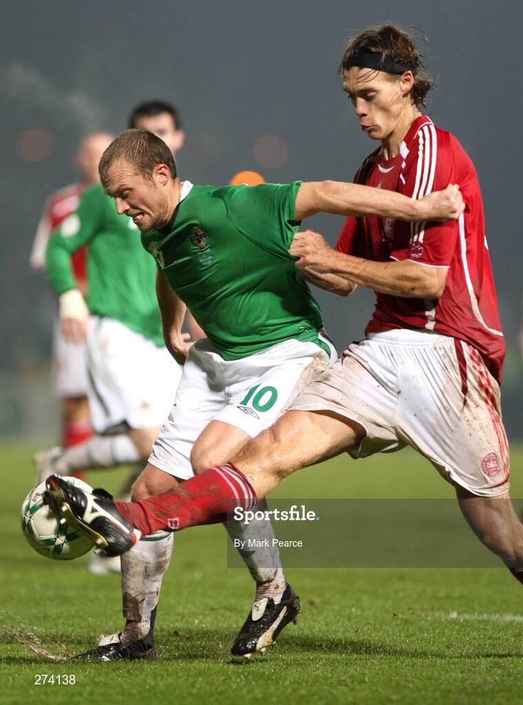 17 November 2007; Warren Feeney, Northern Ireland, in action against Per Krolprup, Denmark. 2008 European Championship Qualifier, Northern Ireland v Denmark, Windsor Park, Belfast, Co. Antrim. Picture credit; Mark Pearce / SPORTSFILE