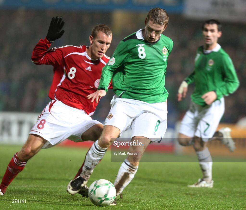 17 November 2007; Steve Davis, Northern Ireland, in action against Thomas Kahlenberg, Denmark. 2008 European Championship Qualifier, Northern Ireland v Denmark, Windsor Park, Belfast, Co. Antrim. Picture credit; Mark Pearce / SPORTSFILE