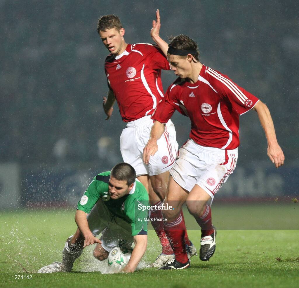 17 November 2007; David Healy, Northern Ireland, in action against Per Kroldrup and Ulrik Laursen, Denmark. 2008 European Championship Qualifier, Northern Ireland v Denmark, Windsor Park, Belfast, Co. Antrim. Picture credit; Mark Pearce / SPORTSFILE