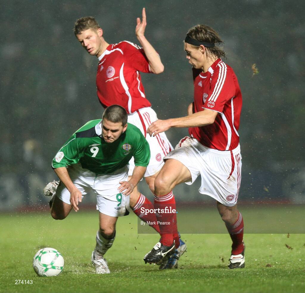 17 November 2007; David Healy, Northern Ireland, in action against Chris Sorensen and Per Kroldrup, Denmark. 2008 European Championship Qualifier, Northern Ireland v Denmark, Windsor Park, Belfast, Co. Antrim. Picture credit; Mark Pearce / SPORTSFILE