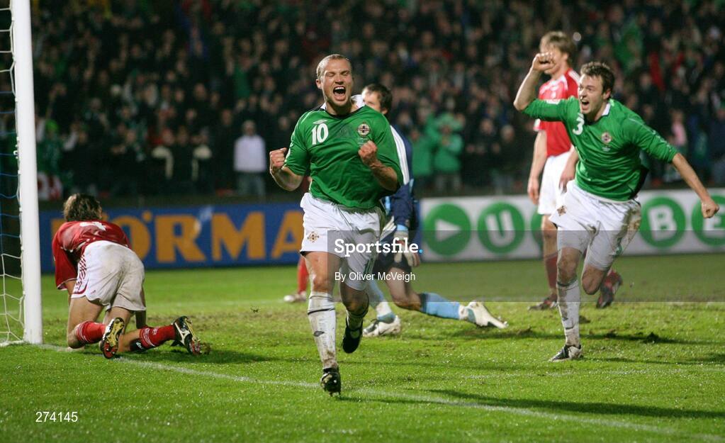 17 November 2007; Northern Ireland's Warren Feeney celebrates after scoring his side's equalising goal. 2008 European Championship Qualifier, Northern Ireland v Denmark, Windsor Park, Belfast, Co. Antrim. Picture credit; Oliver McVeigh / SPORTSFILE