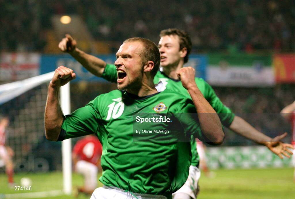 17 November 2007; Northern Ireland's Warren Feeney celebrates after scoring his side's equalising goal. 2008 European Championship Qualifier, Northern Ireland v Denmark, Windsor Park, Belfast, Co. Antrim. Picture credit; Oliver McVeigh / SPORTSFILE
