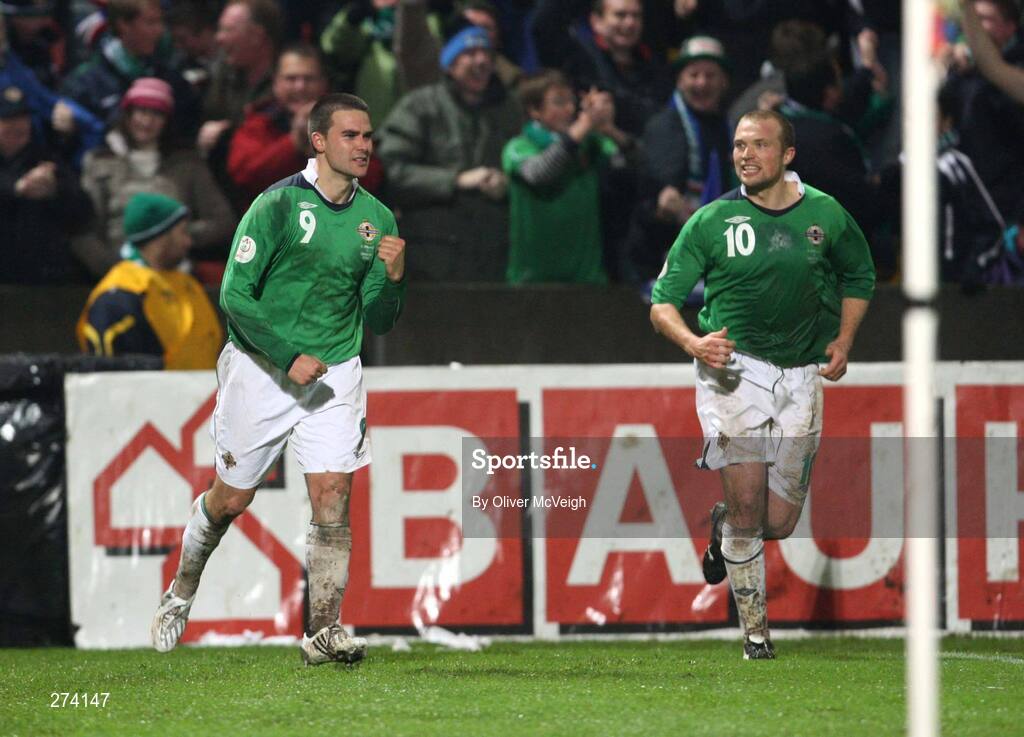 17 November 2007; Northern Ireland's David Healy, left, celebrates his goal with team-mate Warren Feeney after scoring his side's second goal. 2008 European Championship Qualifier, Northern Ireland v Denmark, Windsor Park, Belfast, Co. Antrim. Picture credit; Oliver McVeigh / SPORTSFILE