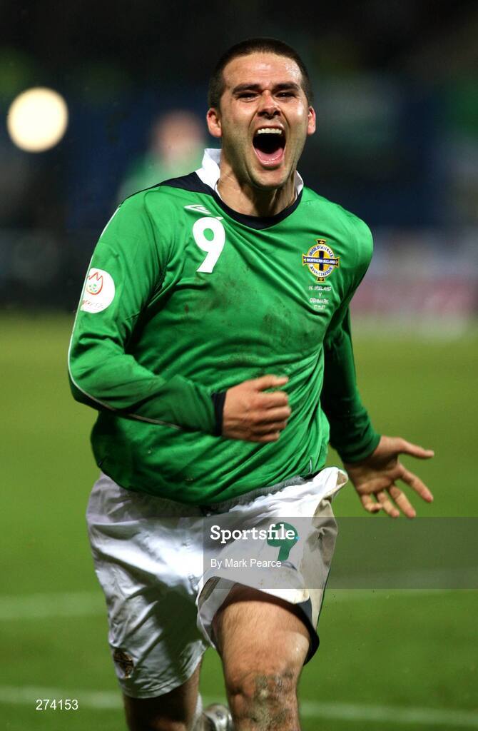 17 November 2007; Northern Ireland's David Healy celebrates after scoring his side's second goal. 2008 European Championship Qualifier, Northern Ireland v Denmark, Windsor Park, Belfast, Co. Antrim. Picture credit; Mark Pearce / SPORTSFILE
