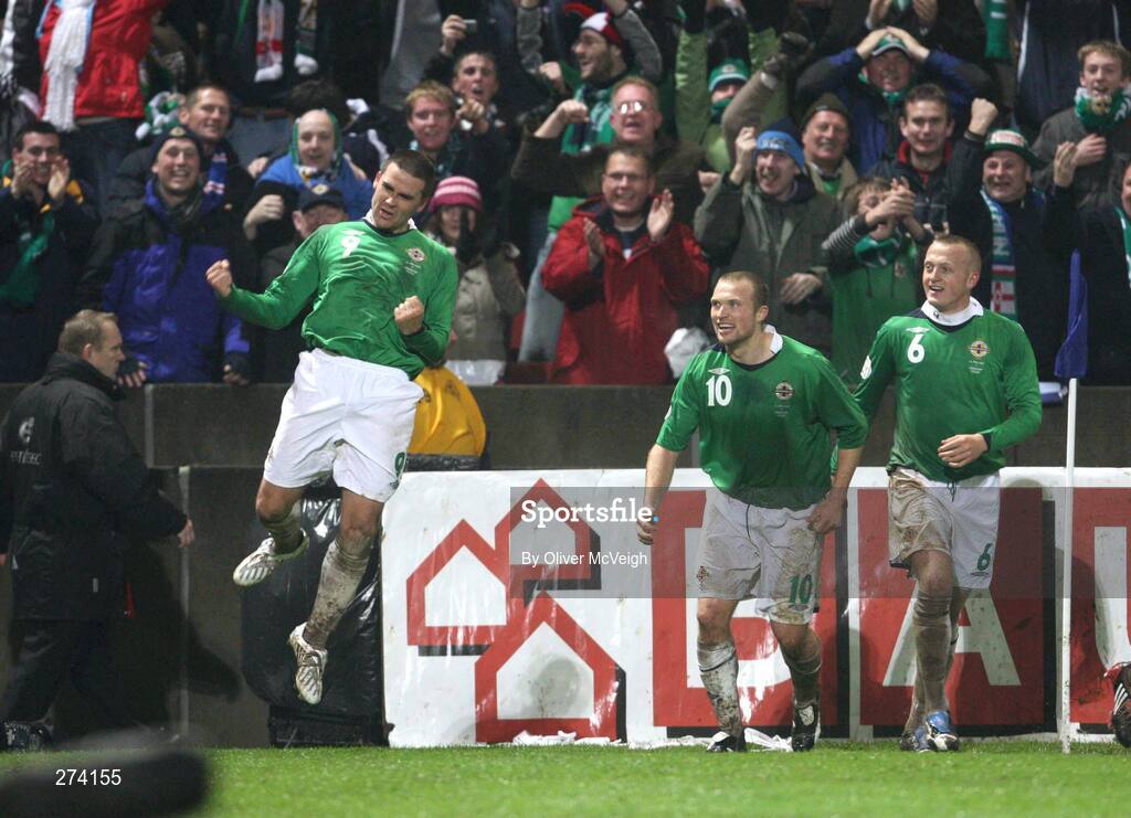 17 November 2007; Northern Ireland's David Healy celebrates after scoring his side's second and winning goal with team-mates Warren Feeney,10, and Sammy Clingan. 2008 European Championship Qualifier, Northern Ireland v Denmark, Windsor Park, Belfast, Co. Antrim. Picture credit; Mark Pearce / SPORTSFILE. Picture credit; Oliver McVeigh / SPORTSFILE