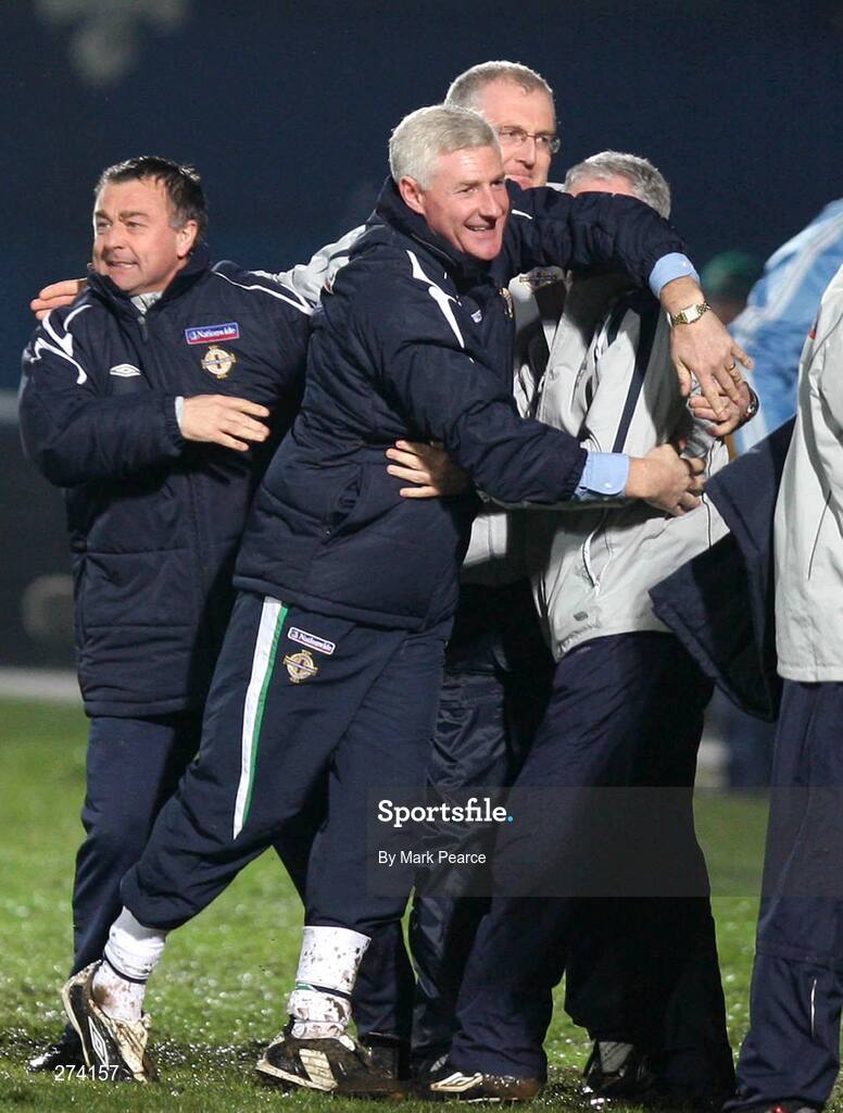 17 November 2007; Northern Ireland manager Nigel Worthington, centre, celebrates at the final whistle. 2008 European Championship Qualifier, Northern Ireland v Denmark, Windsor Park, Belfast, Co. Antrim. Picture credit; Mark Pearce / SPORTSFILE