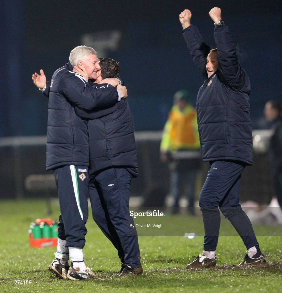 17 November 2007; Northern Ireland manager Nigel Worthington, left, celebrates with coach Glyn Snodin at the final whistle. 2008 European Championship Qualifier, Northern Ireland v Denmark, Windsor Park, Belfast, Co. Antrim. Picture credit; Oliver McVeigh / SPORTSFILE