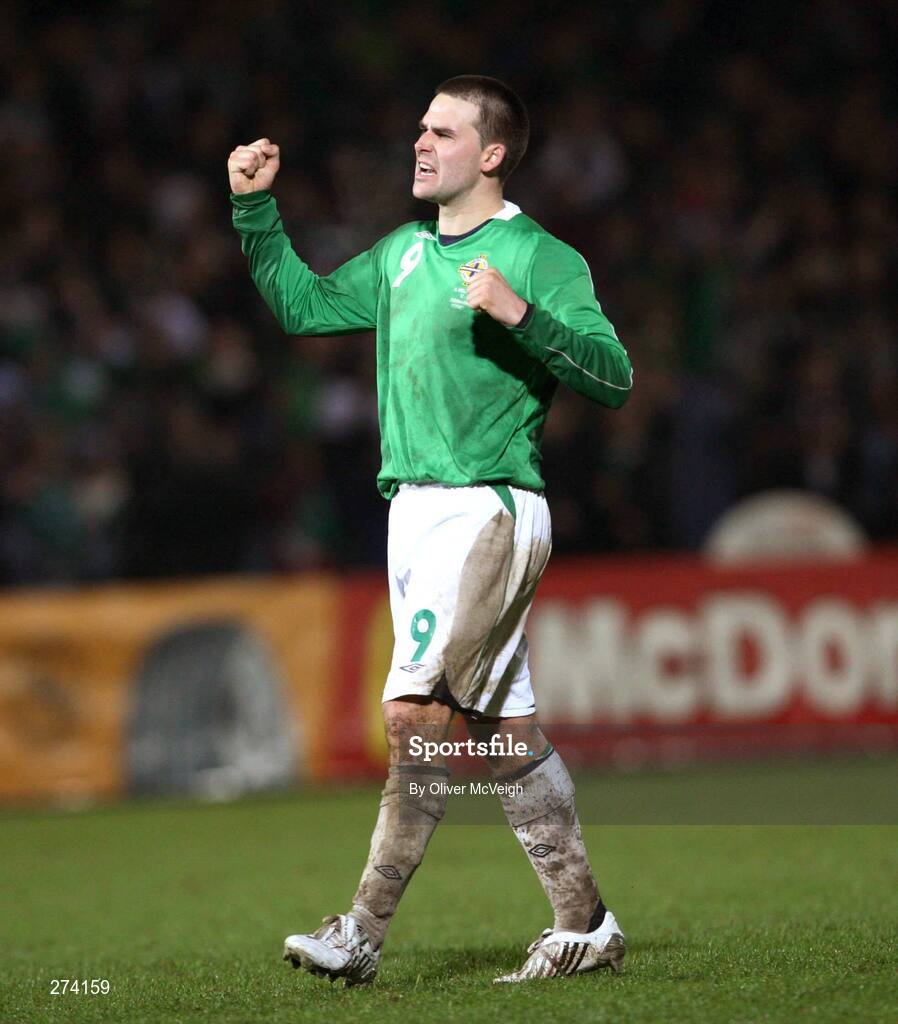 17 November 2007; Northern Ireland's David Healy celebrates victory at the final whistle. 2008 European Championship Qualifier, Northern Ireland v Denmark, Windsor Park, Belfast, Co. Antrim. Picture credit; Oliver McVeigh / SPORTSFILE