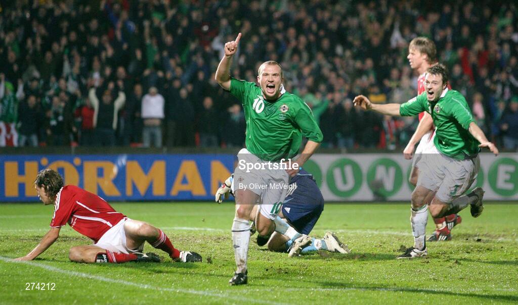 17 November 2007; Northern Ireland's Warren Feeney celebrates after scoring his side's equalising goal. 2008 European Championship Qualifier, Northern Ireland v Denmark, Windsor Park, Belfast, Co. Antrim. Picture credit; Oliver McVeigh / SPORTSFILE