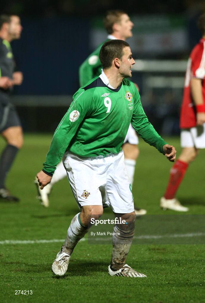 17 November 2007; Northern Ireland's David Healy watches as his chip beats Denmark keeper Thomas Sorensen and puts his side into the lead. 2008 European Championship Qualifier, Northern Ireland v Denmark, Windsor Park, Belfast, Co. Antrim. Picture credit; Mark Pearce / SPORTSFILE