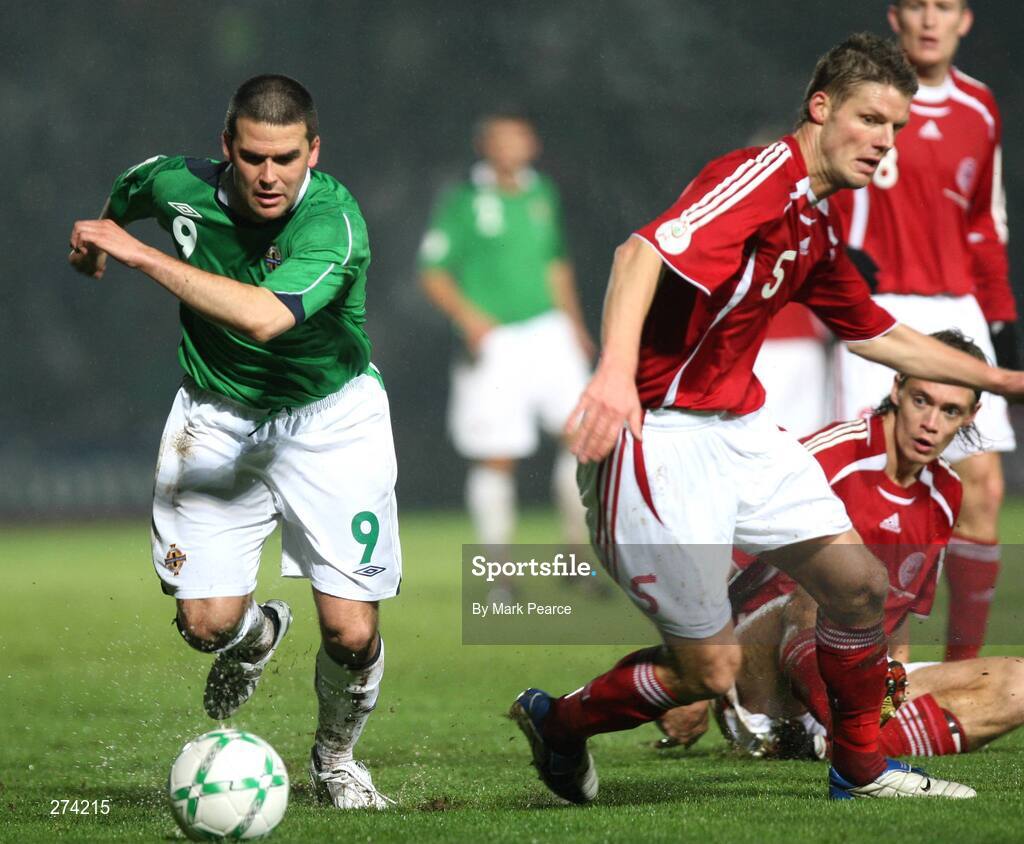 17 November 2007; David Healy, Northern Ireland, in action against Chris Sorensen, Denmark. 2008 European Championship Qualifier, Northern Ireland v Denmark, Windsor Park, Belfast, Co. Antrim. Picture credit; Mark Pearce / SPORTSFILE