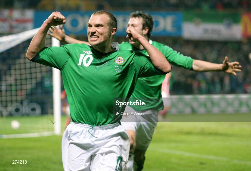 17 November 2007; Northern Ireland's Warren Feeney celebrates after scoring his side's equalising goal. 2008 European Championship Qualifier, Northern Ireland v Denmark, Windsor Park, Belfast, Co. Antrim. Picture credit; Oliver McVeigh / SPORTSFILE