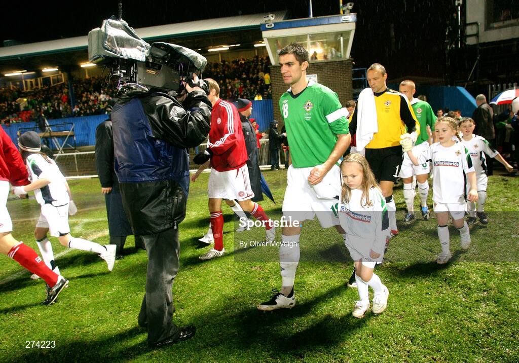 17 November 2007; Northern Ireland captain Aaron Hughes leads his team out for the start of the game. 2008 European Championship Qualifier, Northern Ireland v Denmark, Windsor Park, Belfast, Co. Antrim. Picture credit; Oliver McVeigh / SPORTSFILE