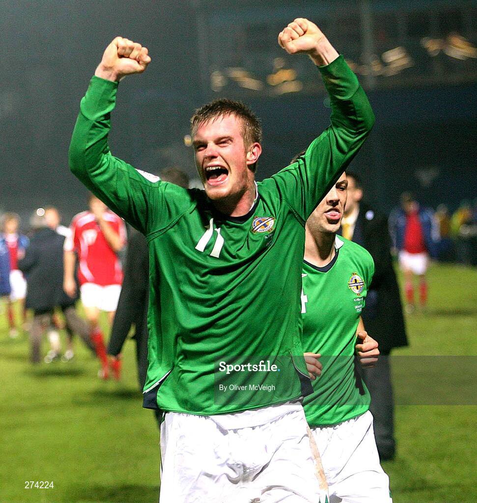 17 November 2007; Northern Ireland's Chris Brunt celebrates at the final whistle. 2008 European Championship Qualifier, Northern Ireland v Denmark, Windsor Park, Belfast, Co. Antrim. Picture credit; Oliver McVeigh / SPORTSFILE