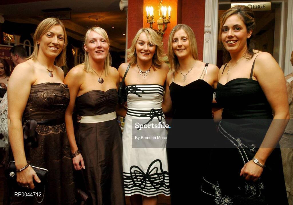 17 November 2007; Down lady footballers at the 2007 O'Neills/TG4 Ladies Gaelic Football All-Star Awards, from left, Catherine McConville, Michael Downey, Aoibheann Downey, Elaine McCourt, and Brenda Russell. Citywest Hotel, Conference, Leisure & Golf Resort, Saggart, Co. Dublin. Picture credit: Brendan Moran / SPORTSFILE  *** Local Caption ***