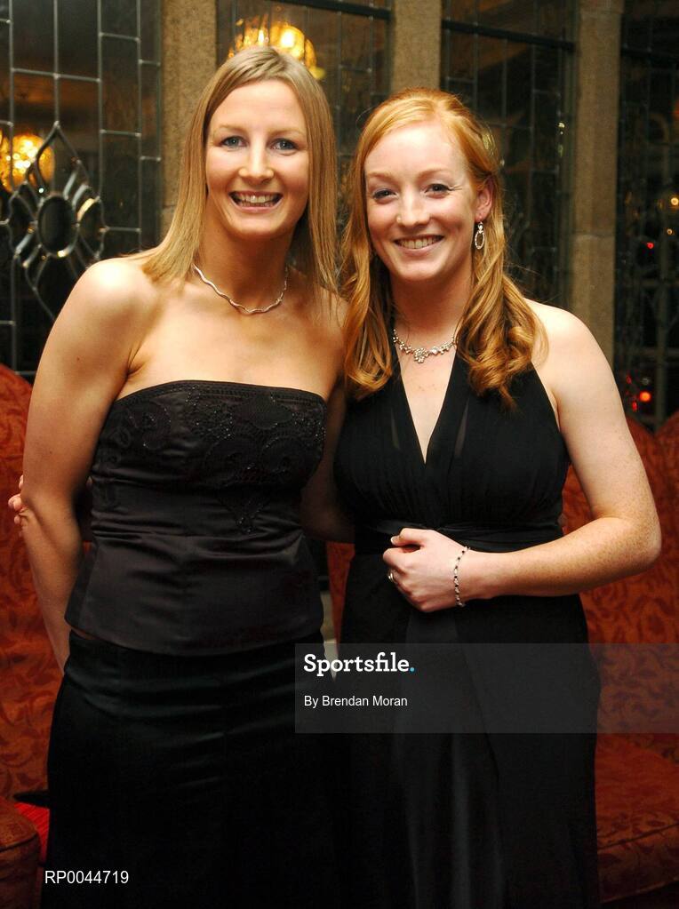 17 November 2007; Laois footballers Angela Casey, left, and Patricia Fogarty at the 2007 O'Neills/TG4 Ladies Gaelic Football All-Star Awards. Citywest Hotel, Conference, Leisure & Golf Resort, Saggart, Co. Dublin. Picture credit: Brendan Moran / SPORTSFILE