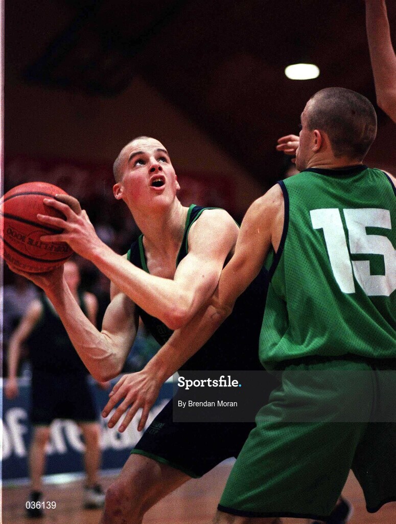 9 February 2000; Aidan Carr of  Carrick-On-Shannon CS in action against Neil Hanley of Colaiste Mhuire Crosshaven during the Bank of Ireland Schools Cup Boys' C Final match between Colaiste Mhuire Crosshaven and Carrick-On-Shannon CS at National Basketball Arena in Tallaght, Dublin. Photo by Brendan Moran/Sportsfile