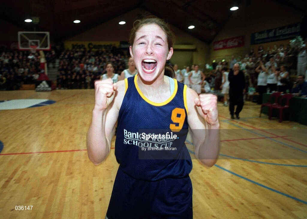8 February 2000; Aine O'Dwyer of Scoil Ruain Killenaule celebrates following the Bank of Ireland Schools Cup Girls' B Final match between Scoil Ruain Killenaule and Loreto Foxrock at National Basketball Arena in Tallaght, Dublin. Photo by Brendan Moran/Sportsfile